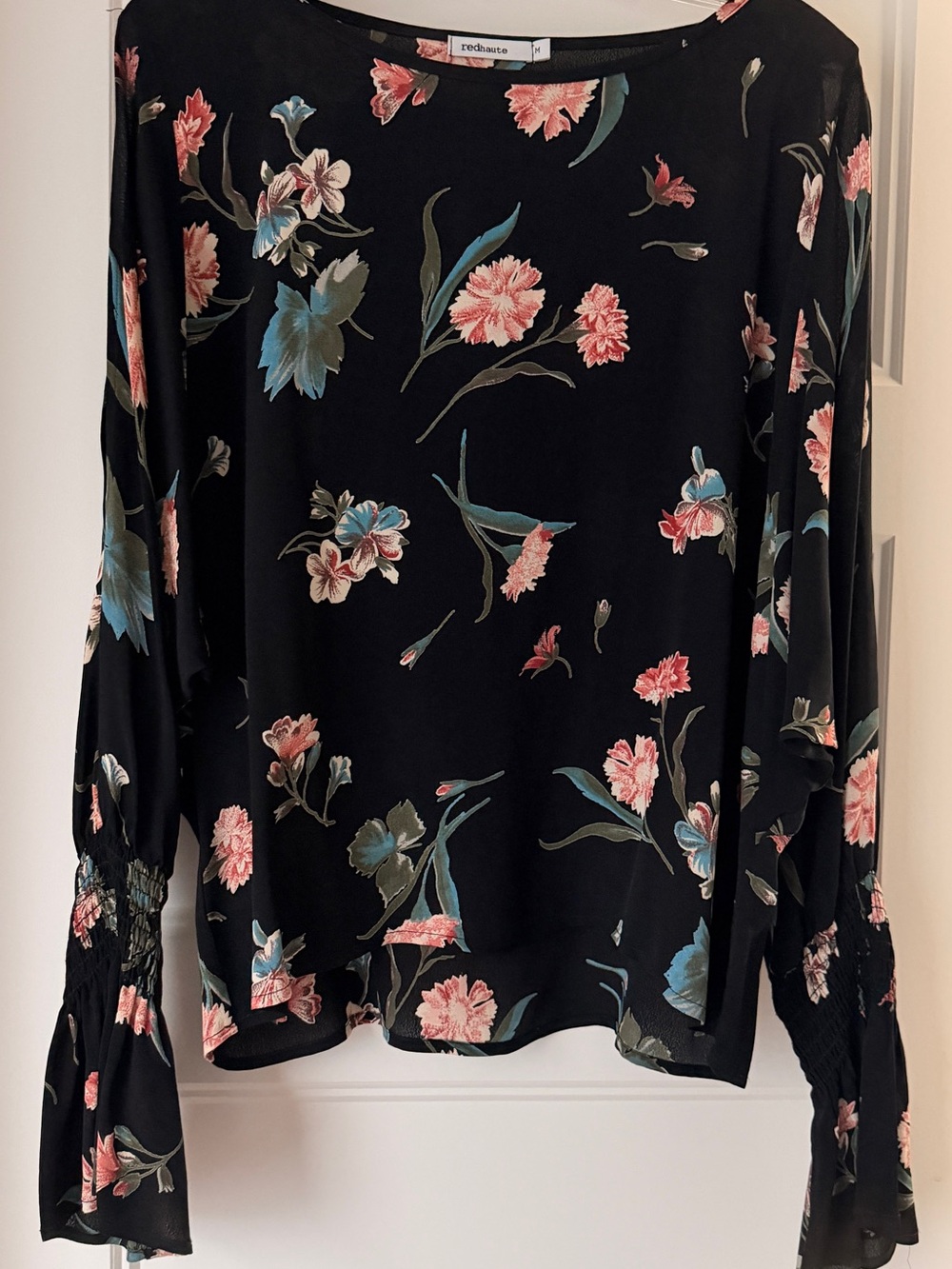 Red Haute Black Floral Long-Sleeve Blouse with Pink and Blue Blooms